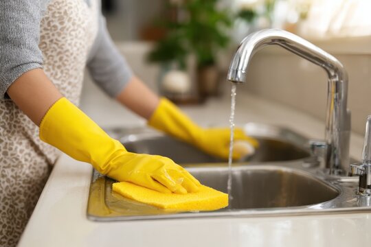 A person with yellow gloves is doing household chores, carefully cleaning the kitchen sink with a sponge, showcasing a focus on hygiene and sanitation
