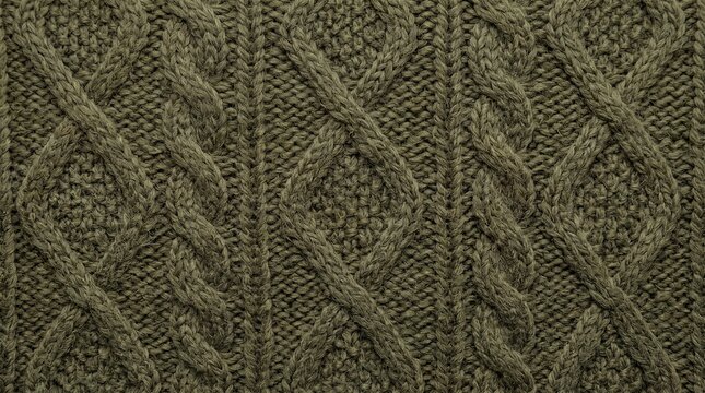 Olive green knitted wool fabric with raised cable and braided stitch patterns creating a dense tactile surface in a close up textile texture background