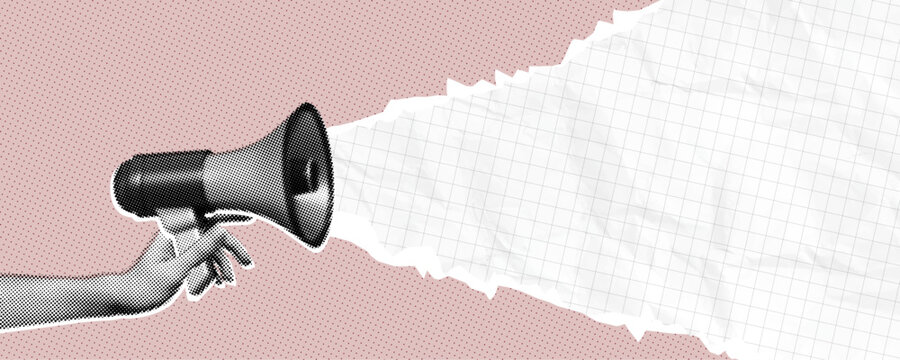 Trendy Halftone Collage Hand holding Megaphone and torn paper edge. Promotion banner with space for your design. Social media announcing and marketing. Contemporary vector illustration art