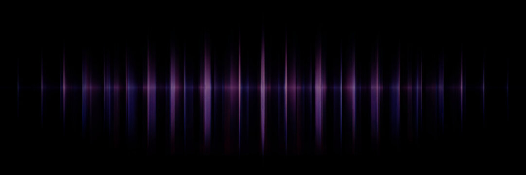 Abstract dark purple sound wave background with glowing vertical pink and blue light streaks, audio spectrum equalizer lines and a thin horizontal light beam on black, futuristic digital music banner 