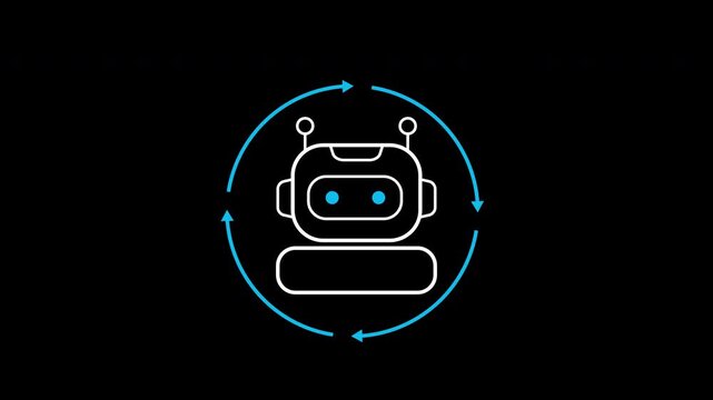 Autonomous AI agent icon animation on transparent background showing robot head in circular arrows with trim paths in and out. Self directed artificial intelligence automated workflow system idea.