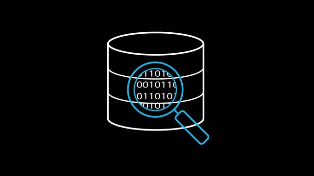 Big data analytics icon animation on transparent background showing binary database cylinder and magnifying glass with trim paths in and out. Digital information search mining, and smart concept.