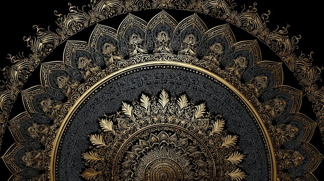 63.Luxurious mandala round ornament with complex repeating motifs, ornate lace-like structure, metallic gold effect against dark backdrop, high symmetry, detailed filigree elements, refined premium