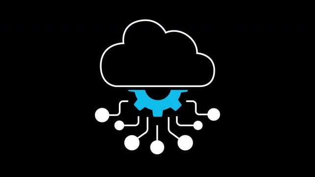 Cloud AI icon animation on transparent background showing cloud gear and circuit nodes with trim paths in and out. Intelligent cloud computing infrastructure, automated server technology concept.