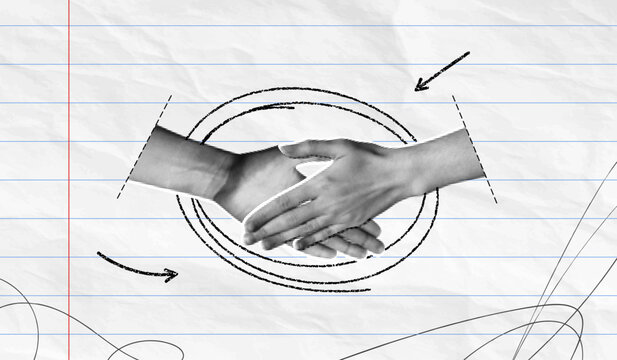 Trendy Halftone Collage Partner Handshake. Business agreement and teamwork. Cooperation concept. Make a deal. Shaking hands. Paper texture background. Contemporary vector illustration art