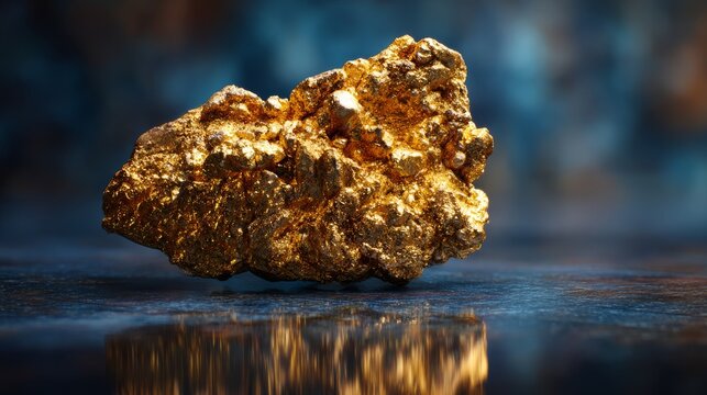 84.Close-up composition of heavy gold nugget resting on reflective surface, rough irregular form, granular metallic texture, intense golden sheen, controlled studio lighting creating bright specular