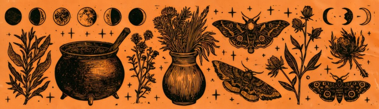 Occult witchcraft elements with moon phases and moths