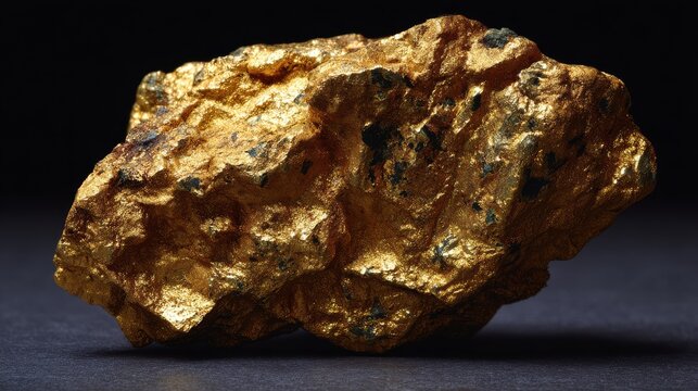 85.Large natural gold nugget captured in sharp macro detail, rugged contours, pitted surfaces, subtle impurities, glowing metallic color, high contrast lighting, shallow depth of field, isolated