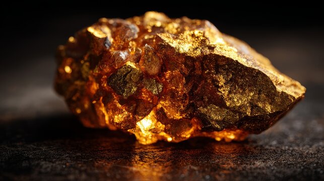86.Big gold nugget photographed from low angle, textured mineral structure, glowing golden tones, crisp reflections, moody dark background, dramatic illumination, premium finance concept, treasure
