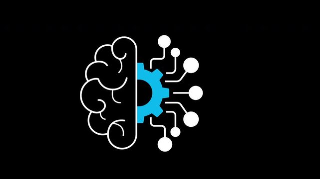 Machine learning icon animation on transparent background showing brain gear and circuit nodes with trim paths in and out. Artificial intelligence cognitive algorithm, and smart technology concept.