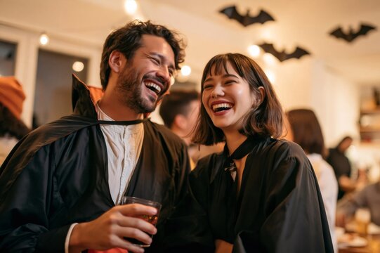 Happy friends enjoying Halloween party celebration in costumes