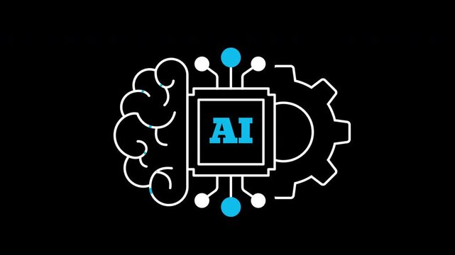 Intelligent system icon animation on transparent background showing brain chip and gear with trim paths in and out. Cognitive artificial intelligence industrial workflow automation system concept.