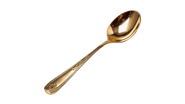 Elegant glossy shiny golden metallic tea coffee spoon cutlery kitchen tableware, isolated on transparent background.