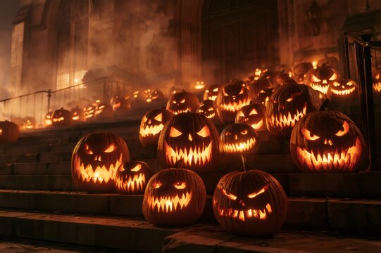 Halloween pumpkins glowing at night on old stone stairs