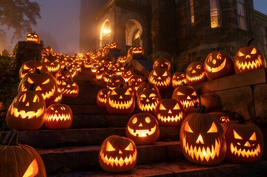 Jack-o'-lanterns illuminating stairs of an old mansion
