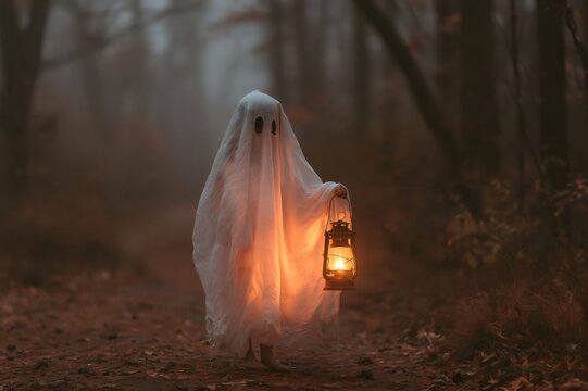 Ghost costume walking through dark misty forest at Halloween