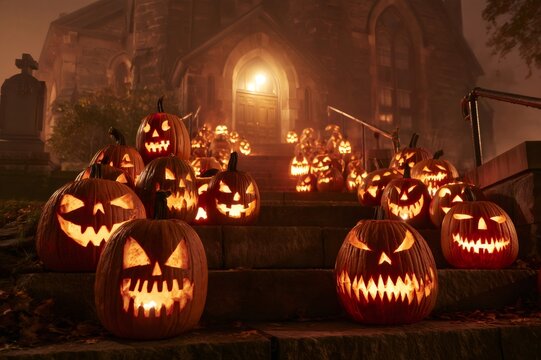 Halloween glowing jack-o'-lanterns decorating spooky church steps
