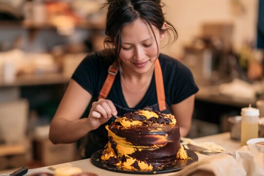 Woman baker decorating chocolate cake with orange frosting