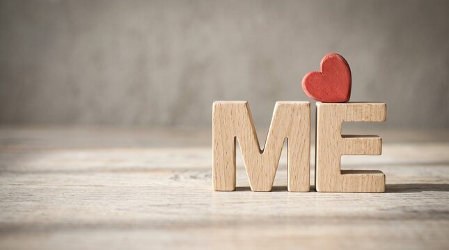 Self Love Symbol: Wooden letter blocks spell out ME with a red heart placed on top, symbolizing self-love, self-care, and personal well-being.