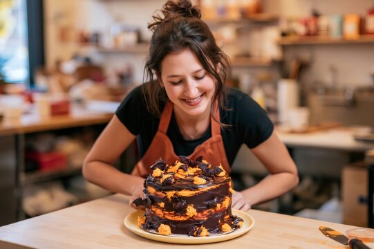 Woman smiling at Halloween chocolate cake with bats
