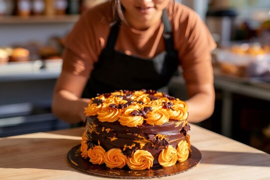 Baker presenting chocolate halloween cake with orange frosting