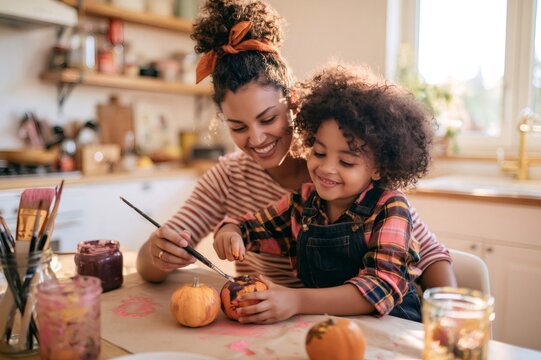 Mother and daughter painting pumpkins for Halloween