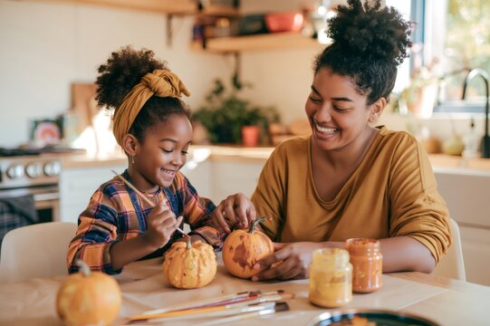 Mother and daughter painting pumpkins for autumn celebration