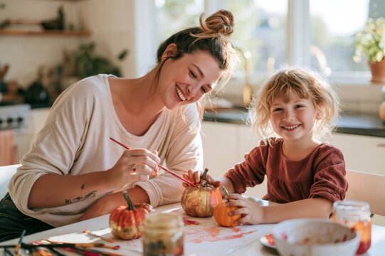 Mother and daughter painting pumpkins for autumn halloween decor