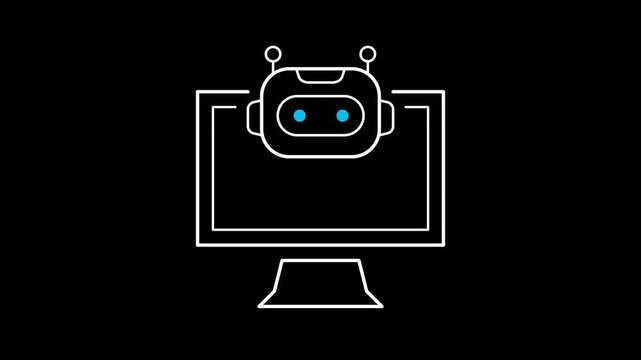 Virtual assistant icon animation on transparent background showing robot head on computer monitor screen with trim paths in and out. Artificial intelligence desktop software applications concept.