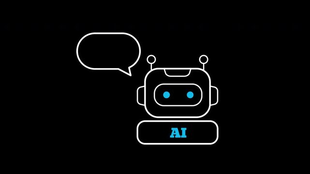 Intelligent AI agent icon animation on transparent background showing robot with speech bubble and trim paths in and out. Artificial intelligence conversational assistant, and technology concept.