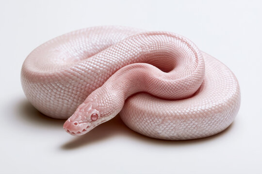 albino pink ball python snake coiled gracefully on clean white background studio shot showing detailed scale textures rare pet exotic reptile species photography close up view full body isolated