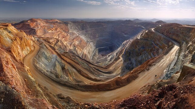 55.Wide panoramic scene of open pit gold mine in Western Australia, spiraling benches carved into the ground, contrasting colors of mineral-rich rock, dust haze in warm afternoon light, industrial