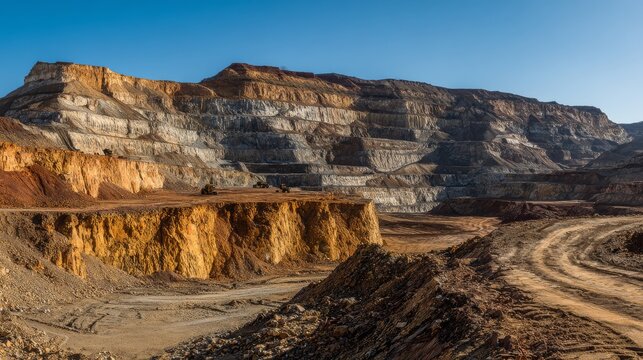 56.Detailed landscape of opencast mining site with rugged terraced cliffs, golden and reddish rock faces, traces of excavation machinery, steep slopes and switchback tracks, bright sun and clear