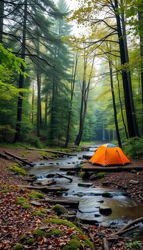 Serene forest campsite by a babbling brook under a canopy of trees,  camping spot,  outdoors