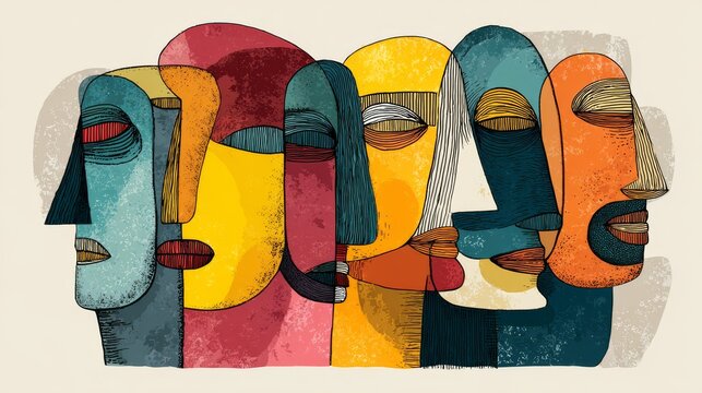 59.Concept 2: Group of colorful abstract face portrait cubism art style, decorative, line art hand drawn vector illustration