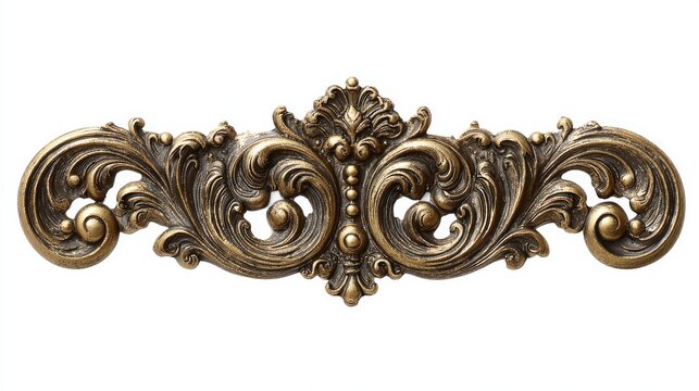 75.Single ornate swirl in golden tone, elaborate curling pattern with delicate accents, sculpted metallic appearance, regal decorative design, refined classic style with subtle shadows adding depth