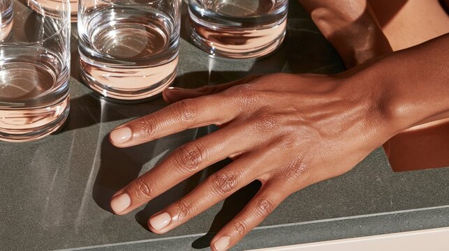 Close up of dark skinned hand with nude manicure resting on stone surface beside clear water glasses under warm sunlight
