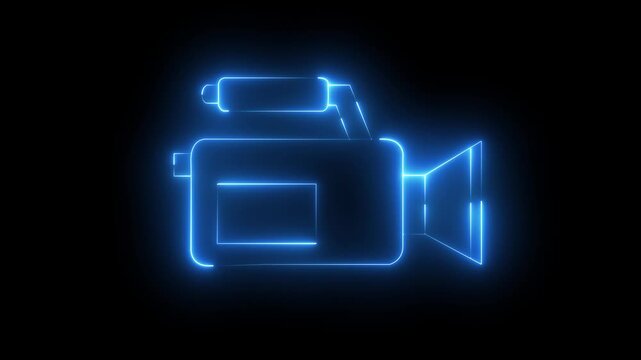 Glowing blue neon video camera icon for camcorder, film production, cinema recording, media footage, video recording