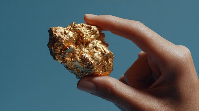 92.Woman hand holding unrefined gold nugget close to camera, detailed rocky texture, bright specular highlights, matte blue backdrop, subtle shadows around fingers, emphasis on preciousness and human