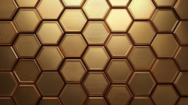96.3D render of continuous hexagonal metal pattern in warm matte gold, decorative relief lines adding depth and tactility, precise edges and subtle bevels, seamless tiling for wallpapers and