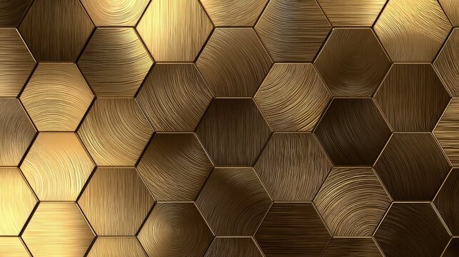 97.Realistic golden metal hexagon surface with satin matte finish, fine linear relief details flowing across tiles, seamless honeycomb texture, nuanced reflections and shadow play, elegant geometric