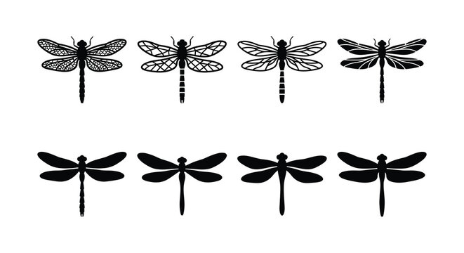 Collection of black dragonfly silhouettes on a white background