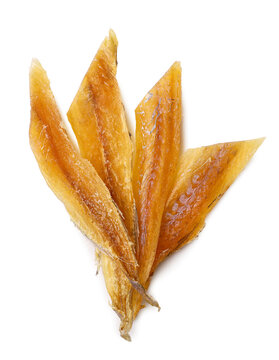 Pieces of dried fish isolated on a white. Top view