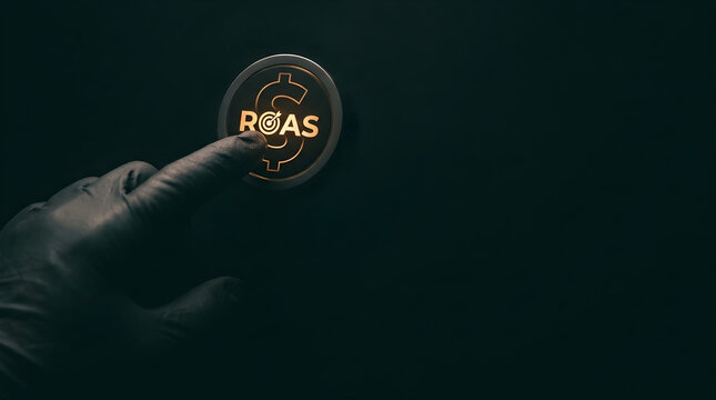 Hand pressing glowing ROAS button on dark background for digital