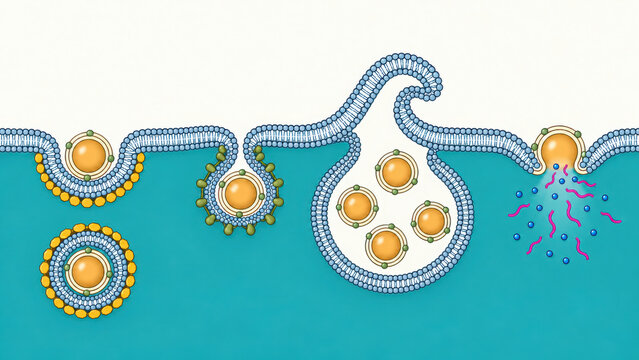 Exosome illustration shows cellular membrane budding and release process with vesicles containing particles in blue and orange colors