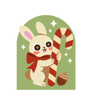 Christmas bunny sticker, cute white rabbit hugging a candy cane with red bow and acorn, excited holiday emotion, arch frame, vector illustration