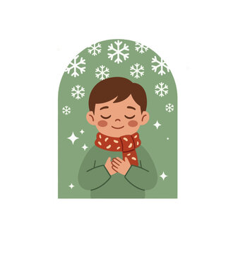 Christmas gratitude sticker, grateful child with red scarf and hands on heart among falling snowflakes, calm holiday emotion, arch frame, vector illustration