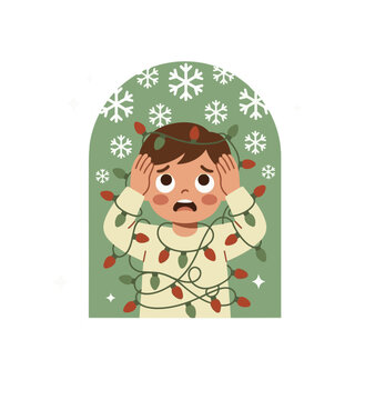 Christmas holiday stress sticker, overwhelmed child tangled in string lights with hands on head, anxious festive season emotion, arch frame, vector illustration