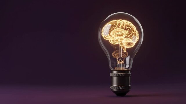 Lightbulb with brain inside glowing gradually in dim studio lighting for innovation concept