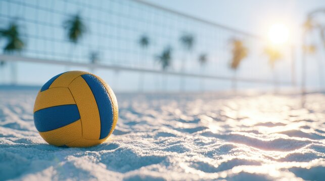 Yellow and blue beach volleyball rests on sandy court near net